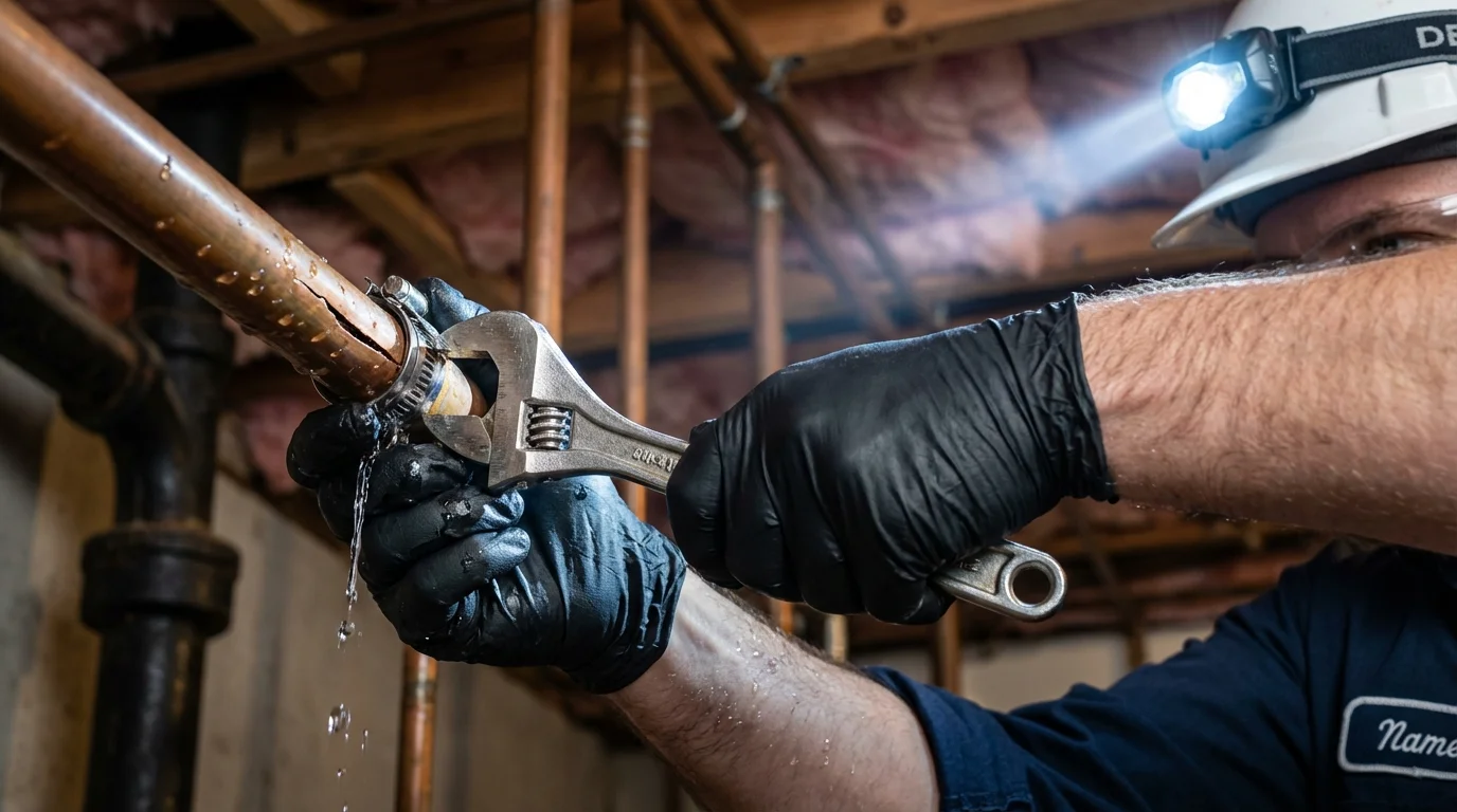 Emergency pipe clamp repair being performed by a Johns Plumbing LLC plumber in Mount Holly