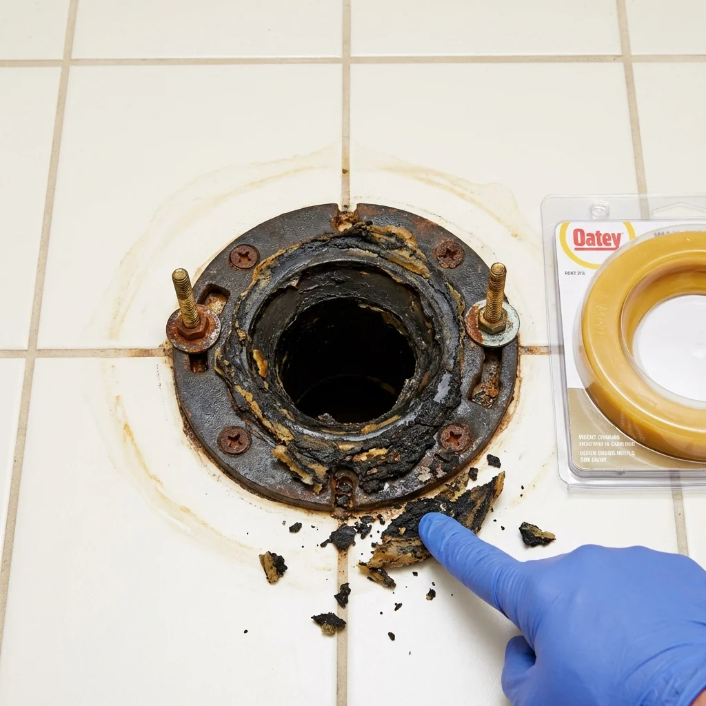 Failed wax ring showing water seepage at the base of a toilet in a Mount Holly, VT home