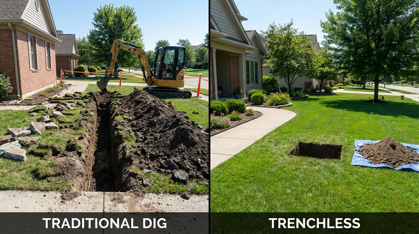 Trenchless sewer repair with minimal yard damage versus traditional excavation in Mount Holly, VT