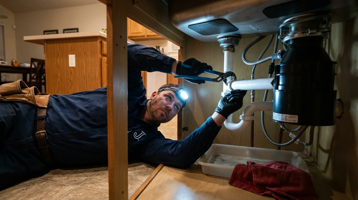 P-trap and supply line connections under a kitchen sink showing a common leak point in Mount Holly, VT